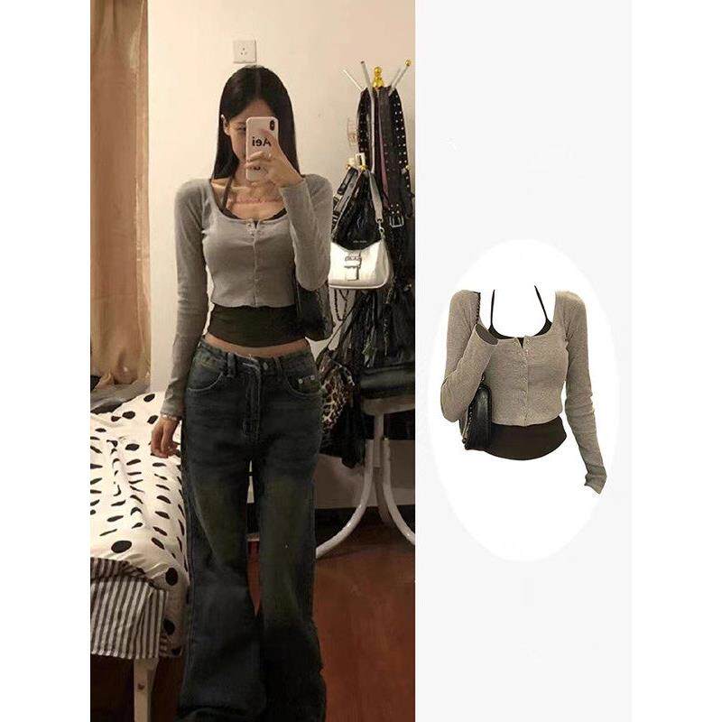 美式正肩长袖t恤女春秋冬大码微胖设计感小众紧身收腰假两件上衣