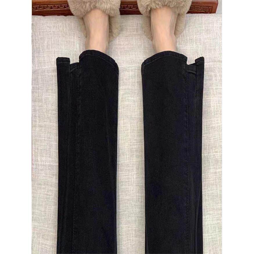 大尺码黑色九分微喇叭牛仔裤女春秋冬加绒高腰弹力直筒梨形身材裤