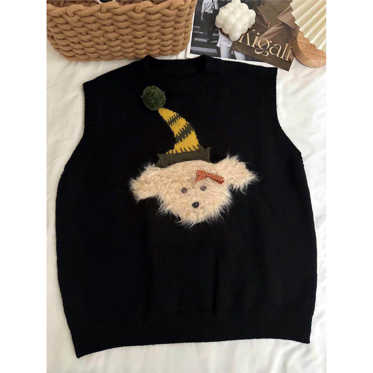 无袖叠穿小狗马甲背心女秋冬新款宽松可爱外穿设计感针织坎肩上衣