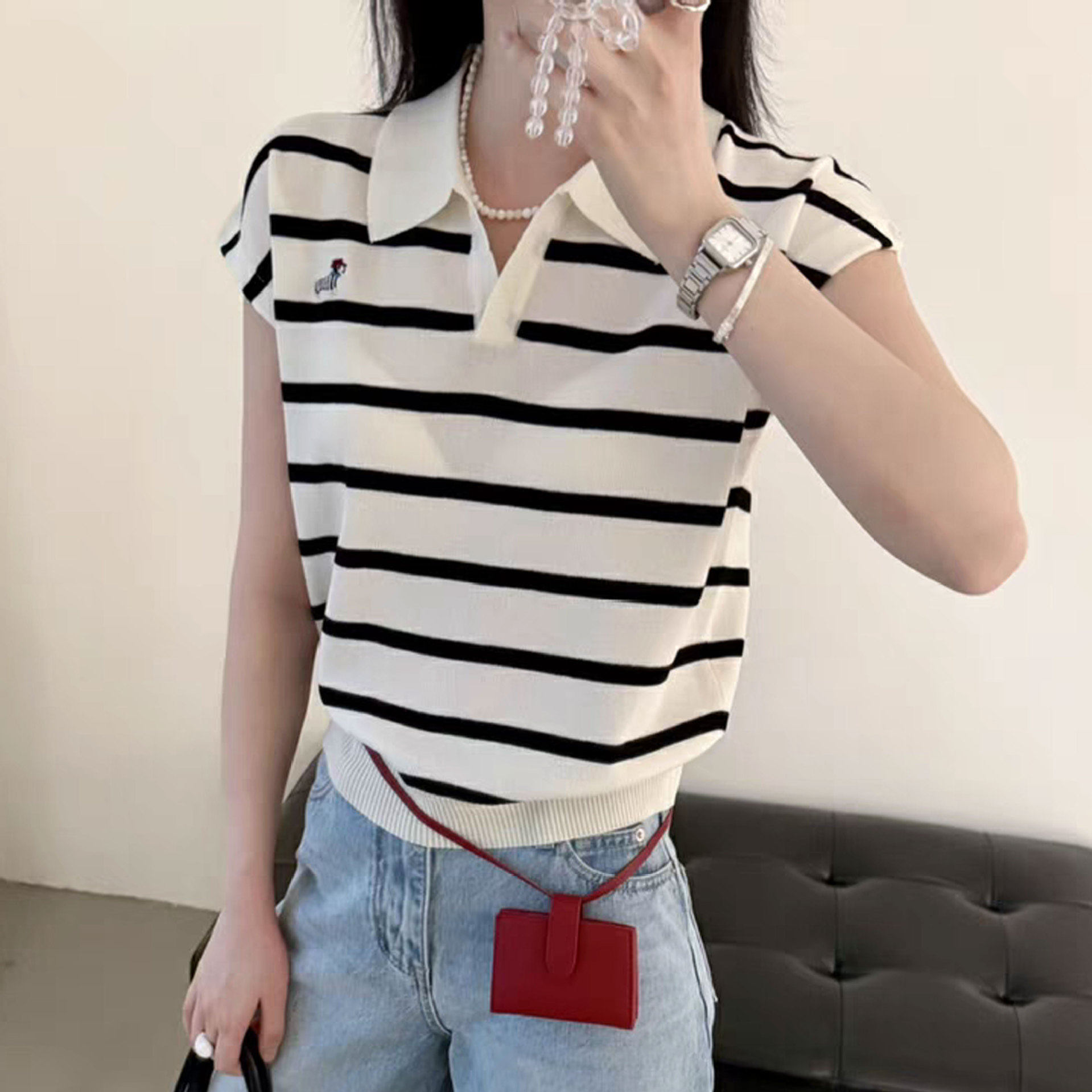 法式甜辣风polo领条纹背心女设计感小众外穿宽松百搭短款25417