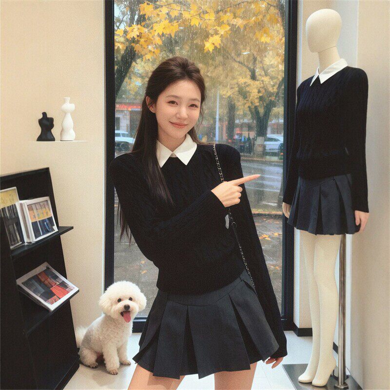 学院风POLO领拼接假两件毛衣女秋冬高级感黑色修身内搭针织衫上衣