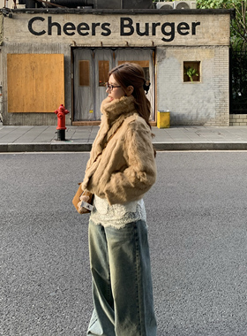 YILANN2025新款冬季女卡其色韩系真兔毛皮草外套高级质感毛毛外套
