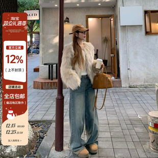 宽松百搭加绒高腰牛仔裤 Yilann2025新款 秋冬女韩系水洗蓝色阔腿裤