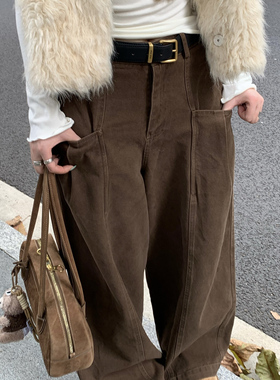 YILANN2025新款秋季韩系咖色高腰宽松高级感工装裤直筒百搭长裤