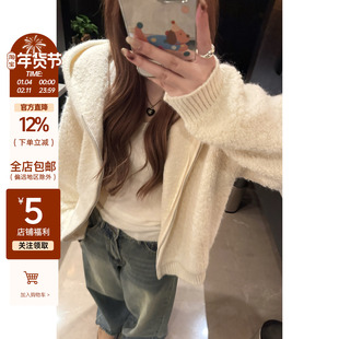 YIANN2025新款冬季羊毛连帽拉链卫衣加厚保暖米白色圈圈慵懒外套