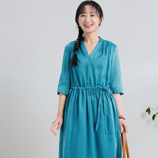 2026新款原创夏款棉麻莱赛尔纤维文艺优雅气质单层不透连衣裙中袖