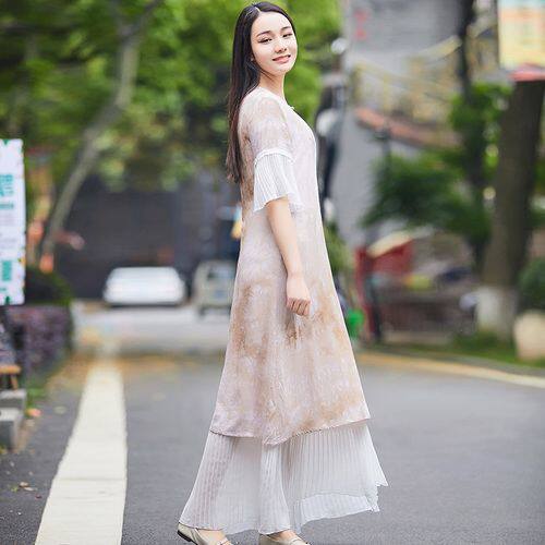2021杨丽萍同款民族风扎染刺绣连衣裙长裙文艺棉麻裙短袖水秀圆领