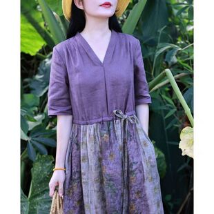 2026年新款夏款棉麻麻印花拼色文艺优雅长款旅游连衣裙中袖缩腰