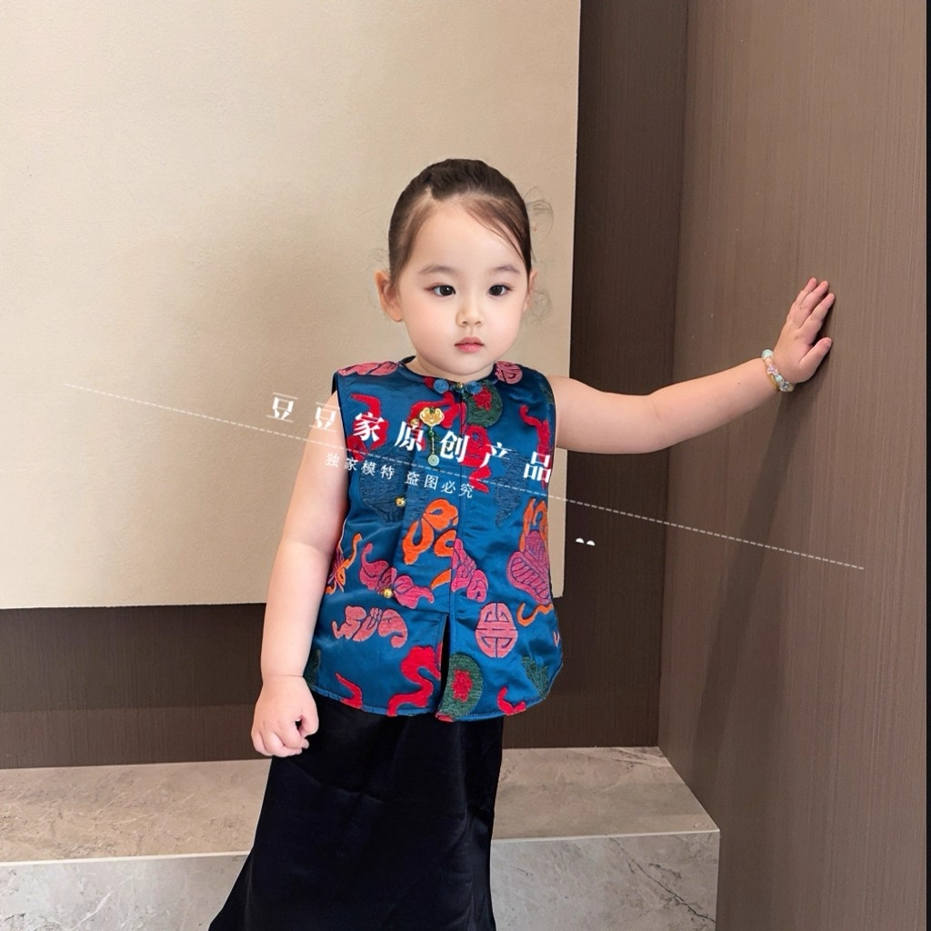 漳绒连衣裙拜年服红色国风喜庆儿童旗袍裙复古男女童马甲秋冬