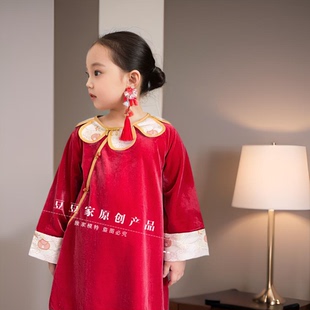 仿醋酸高端丝绒女童旗袍裙欧洲站2025秋冬款中国风女孩复古连衣裙