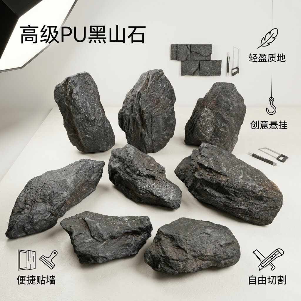PU仿真黑山石造景橱窗摆件简约现代客厅楼梯转角装饰品天然造型