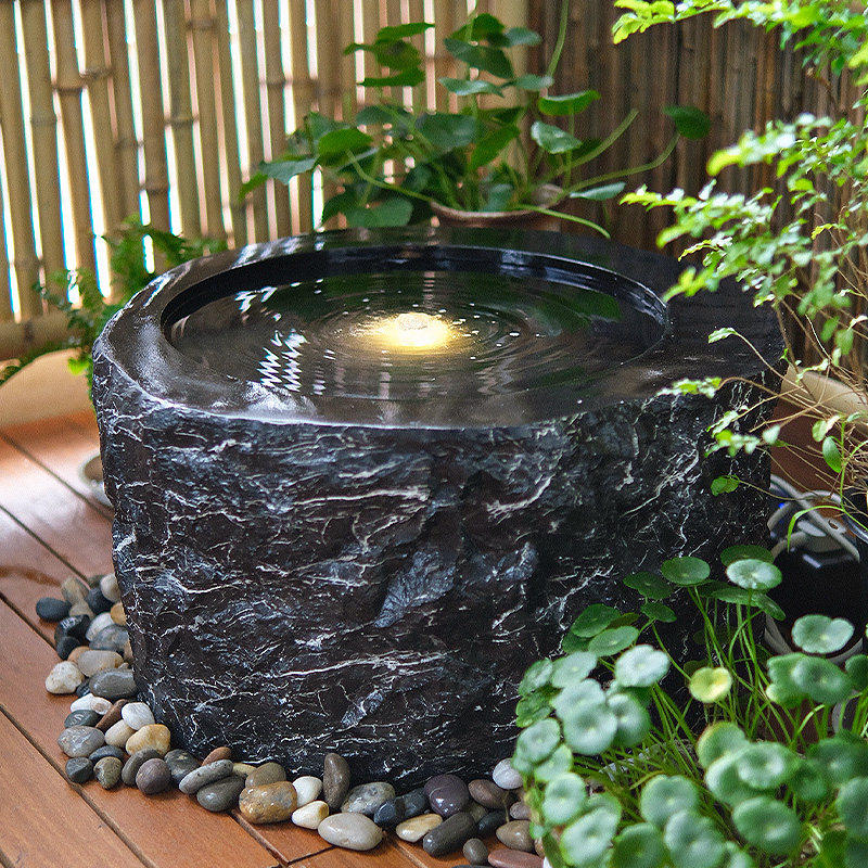 仿真石雕黑山石水钵流水摆件庭院花园水景循环喷泉造景石盆水景观