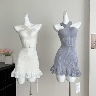 JAYKY YANG温柔交织蕾丝拼接针织扭结连衣裙交叉吊带修身短裙