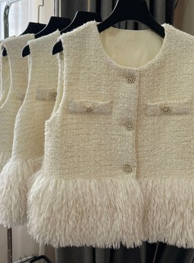 KUN温柔白月光米白色羊毛马甲外套女气质小香风2025秋冬新款