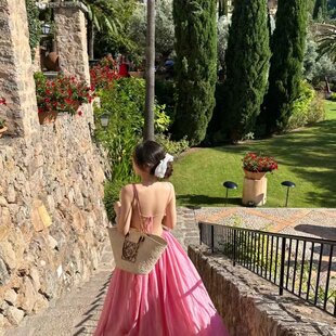 海边度假性感大露背显白粉色连衣裙大摆裙露仙女背系带连衣裙长裙