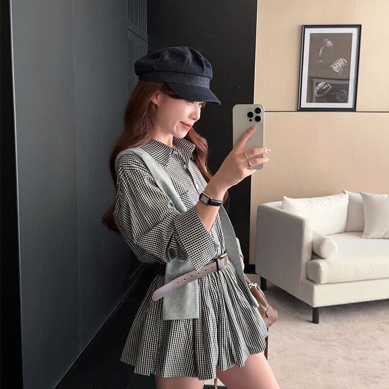 韩系披肩格子衬衣连衣裙女秋设计感气质收腰显瘦百褶短裙