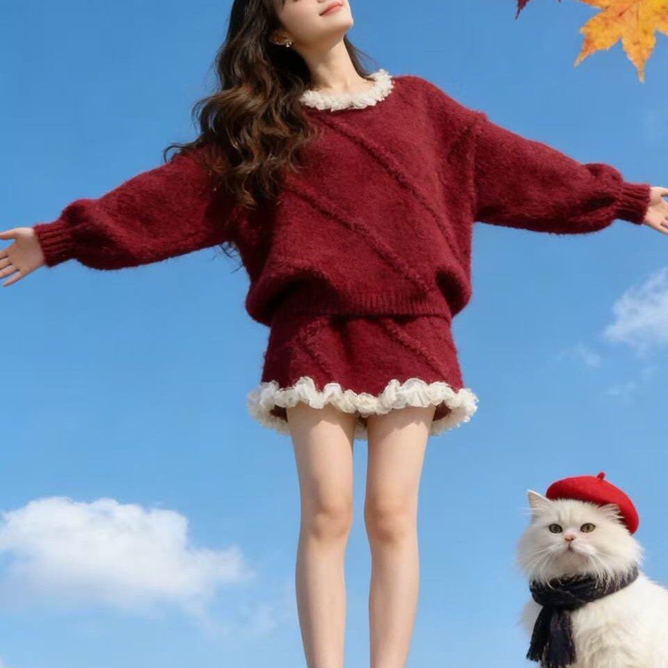 韩系杏色毛衣套装女2025新款深冬穿搭一整套针织上衣半身裙两件