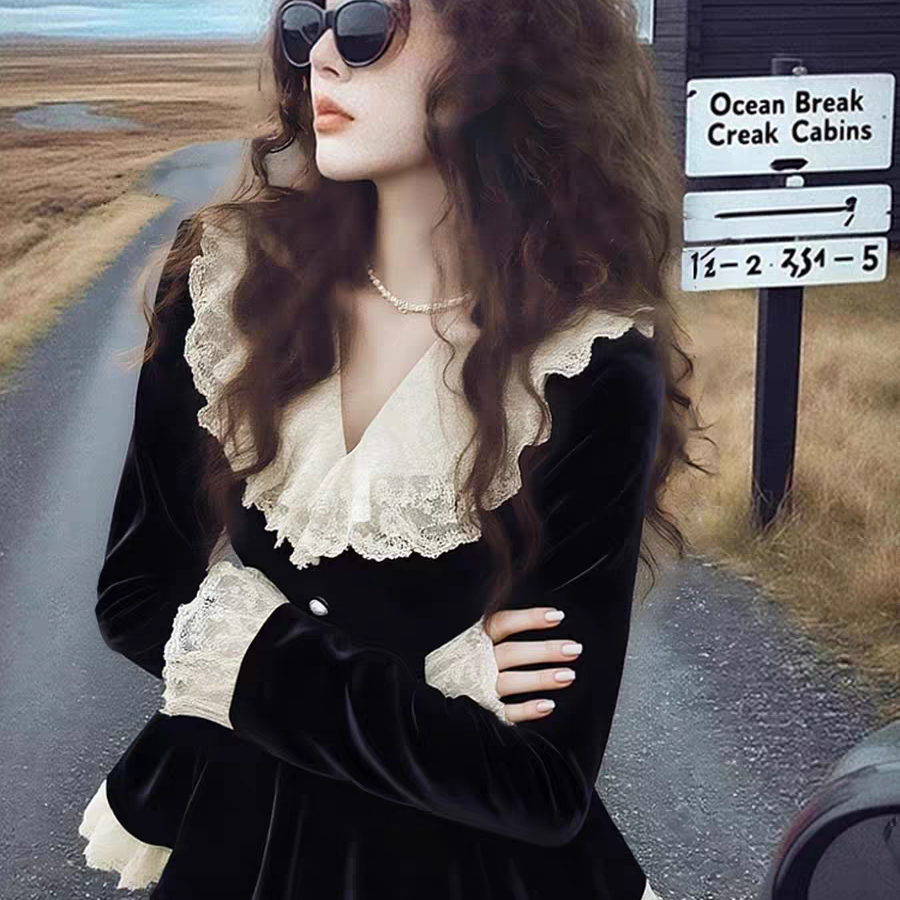 2025冬季新款爆款洋气巨好看法式蕾丝花边拼接黑色荷叶边丝绒上衣