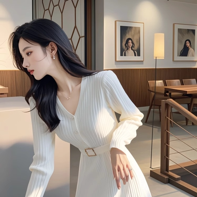 韩国秋冬新款正式场合通勤气质女神范V领针织毛衣连衣裙打底内搭