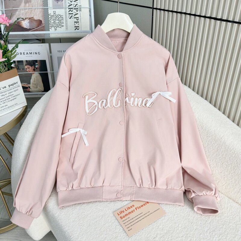 小众设计学院风螺纹领刺绣字母蝴蝶结口袋宽松棒球服外套