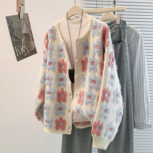实拍秋冬新款 毛衣外套上衣 胖mm减龄提花宽松休闲百搭圆领开衫