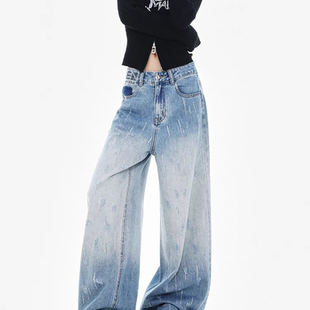 复古高腰显瘦烫钻设计宽松阔腿牛仔裤 美式 STUDIO原创早秋新款 KEN
