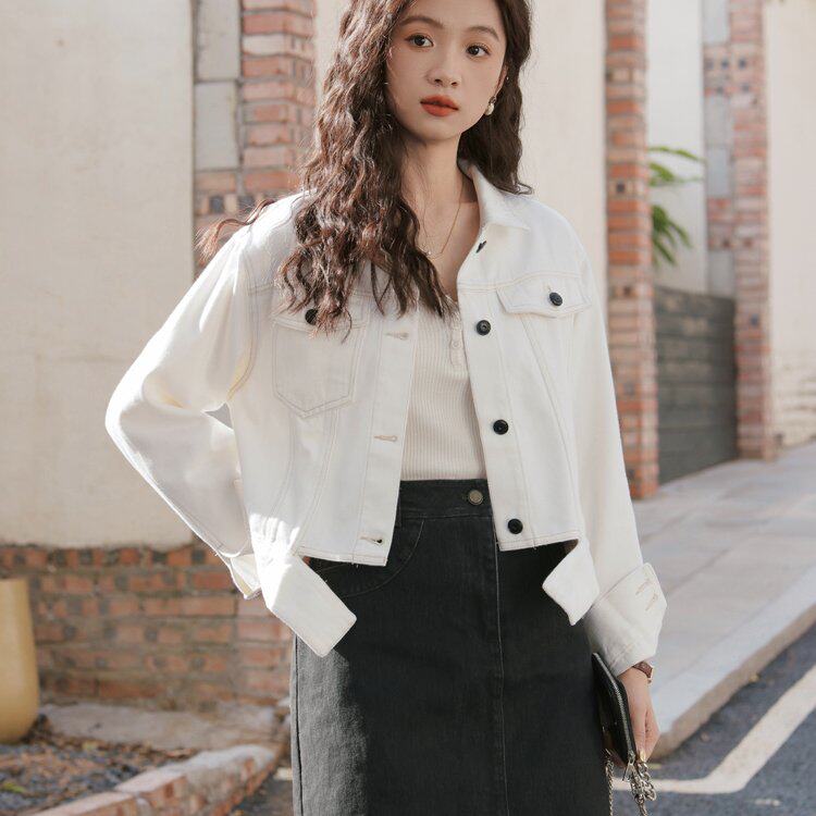 白色短款牛仔外套女2026春秋新款不规则显瘦工装牛仔夹克上衣