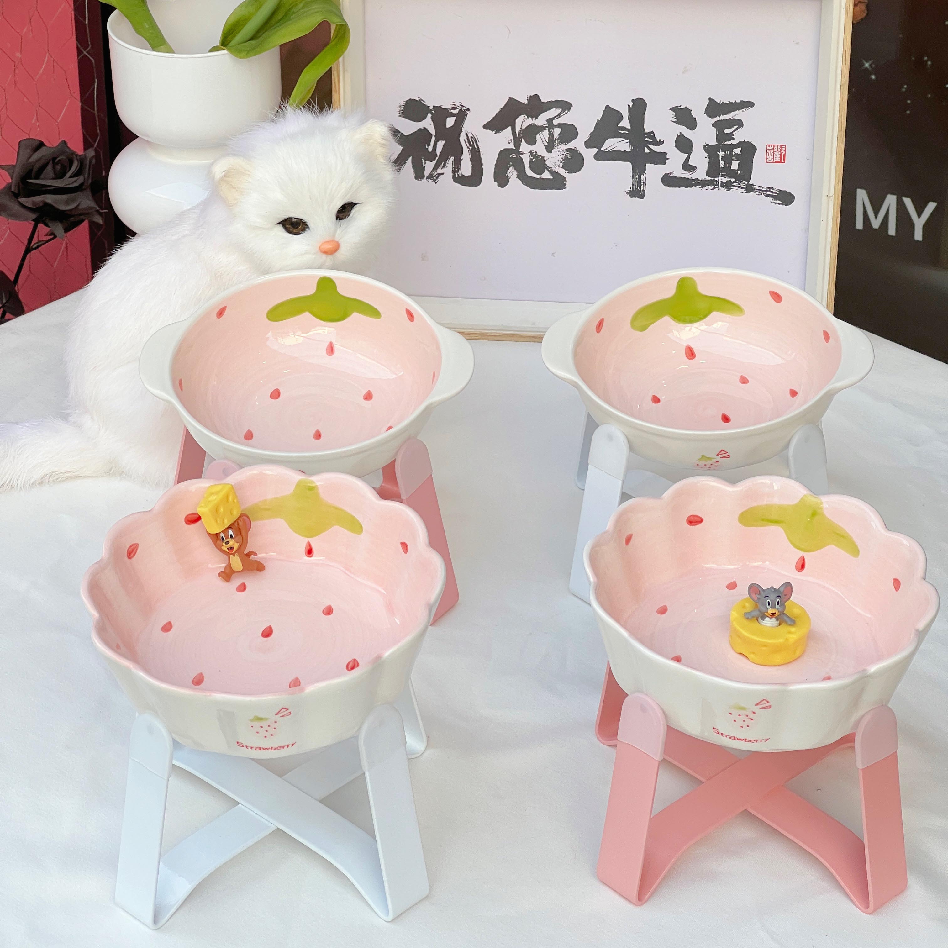 飞碟草莓碗宠物碗架狗碗陶瓷猫碗架高脚罐头ins风猫碗陶瓷增高架
