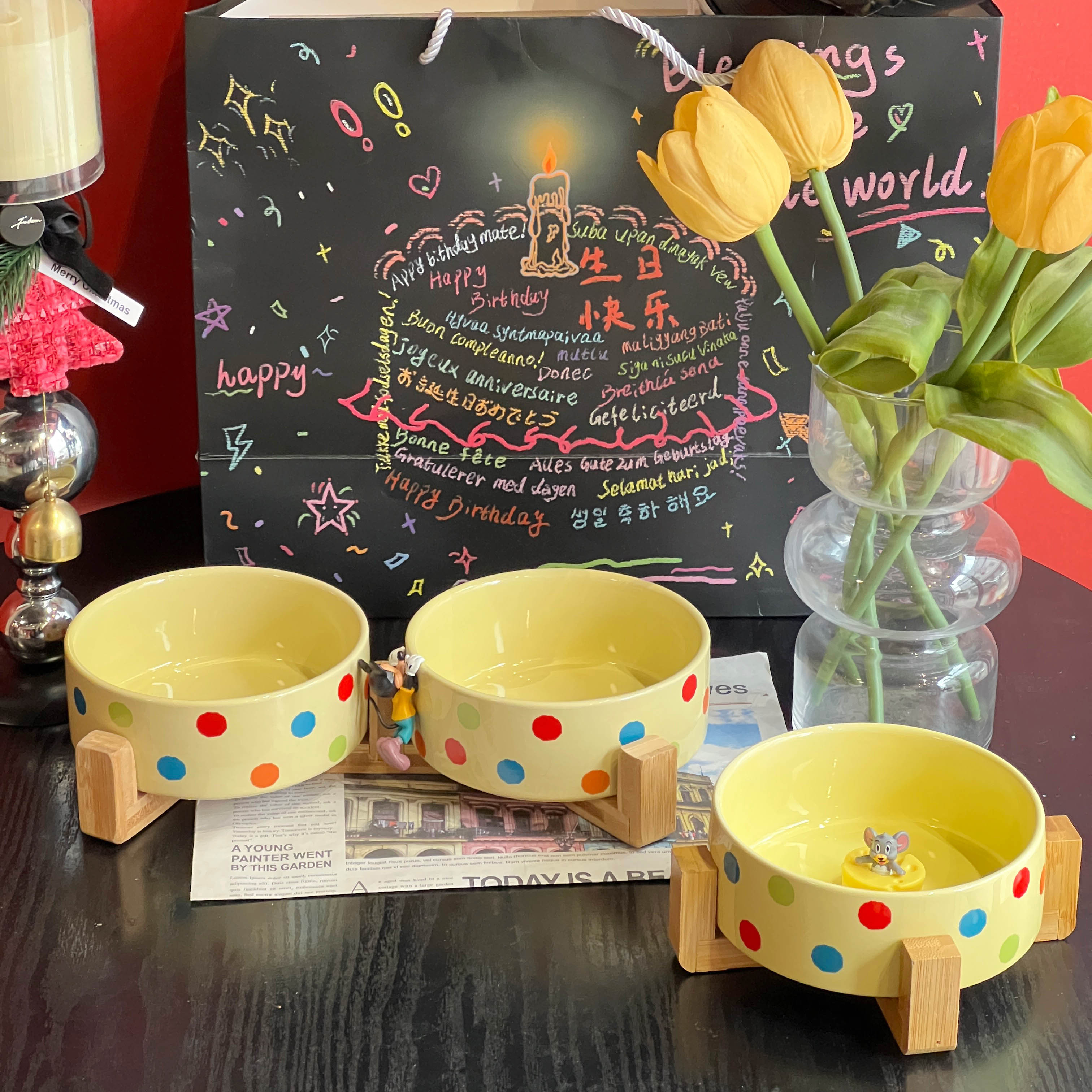 高颜值陶瓷猫碗宠物猫食盆猫咪喝水碗狗碗狗盆增高猫碗架带木支架