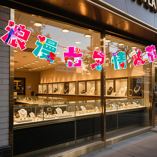 饰文创拉旗商场店铺节日快乐氛围场景布置 浪漫七夕情人节珠宝店装