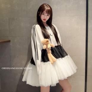 潮牌小熊玩偶重工网纱拼接蓬蓬裙三条杠宽松休闲春夏卫衣连衣裙