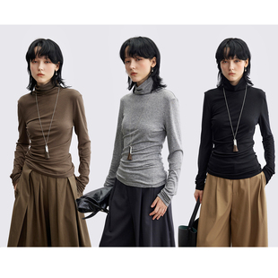 Dotdrobe多着 羊毛天丝 斜下摆堆堆领长袖T恤女打底衫秋季-三色入