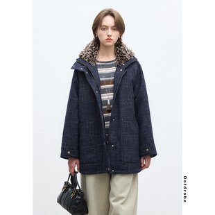 风 拼毛领羊毛混纺派克服大衣棉服女工装 蓝色 3M棉 Dotdrobe多着