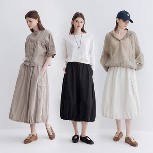 Dotdrobe多着 山系轻户外工装风松紧腰抽绳花苞裙半身裙-三色入