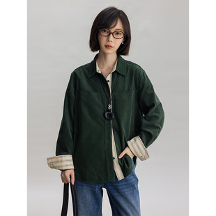 Dotdrobe多着 条纹撞色 洗水灯芯绒包扣衬衫女外套秋-墨绿/深咖