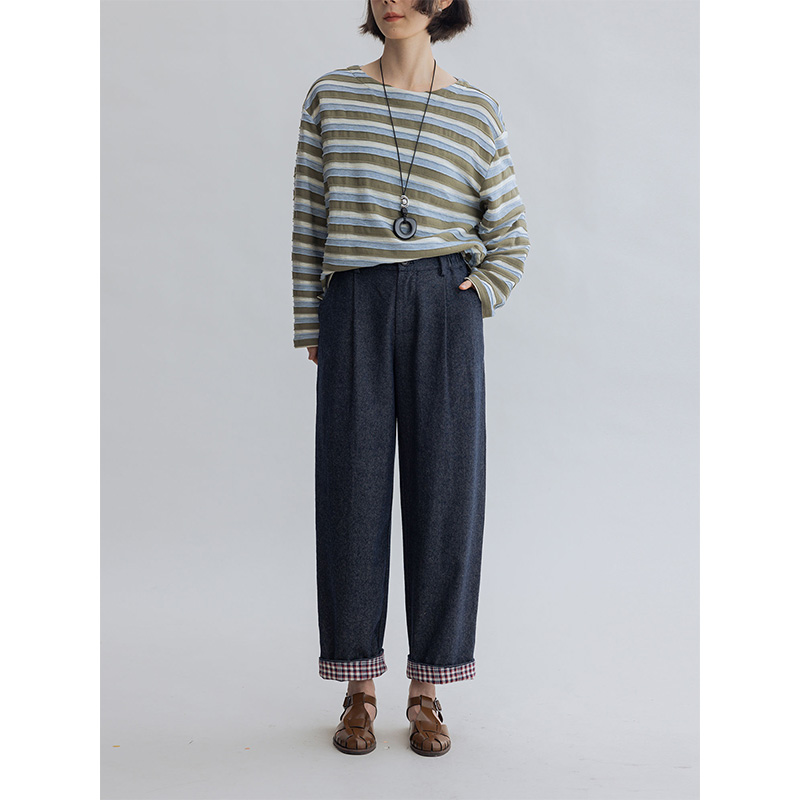 多着日系格纹折边锥形九分裤