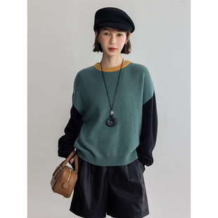 黑色 Dotdrobe多着 女毛衣宽松 日杂风圆领针织衫 绿色 三色拼色