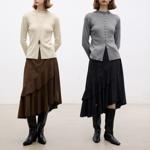 Dotdrobe多着 波西风仿麂皮绒斜裁蛋糕裙后松紧腰半身裙秋冬新款