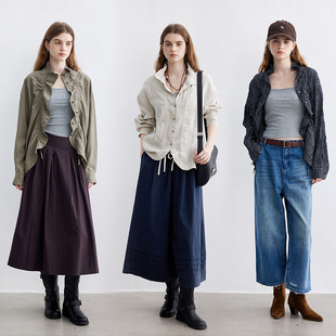 外套女早秋三色入 可调节抽褶门襟衬衫 Dotdrobe多着 亚麻天丝醋酸