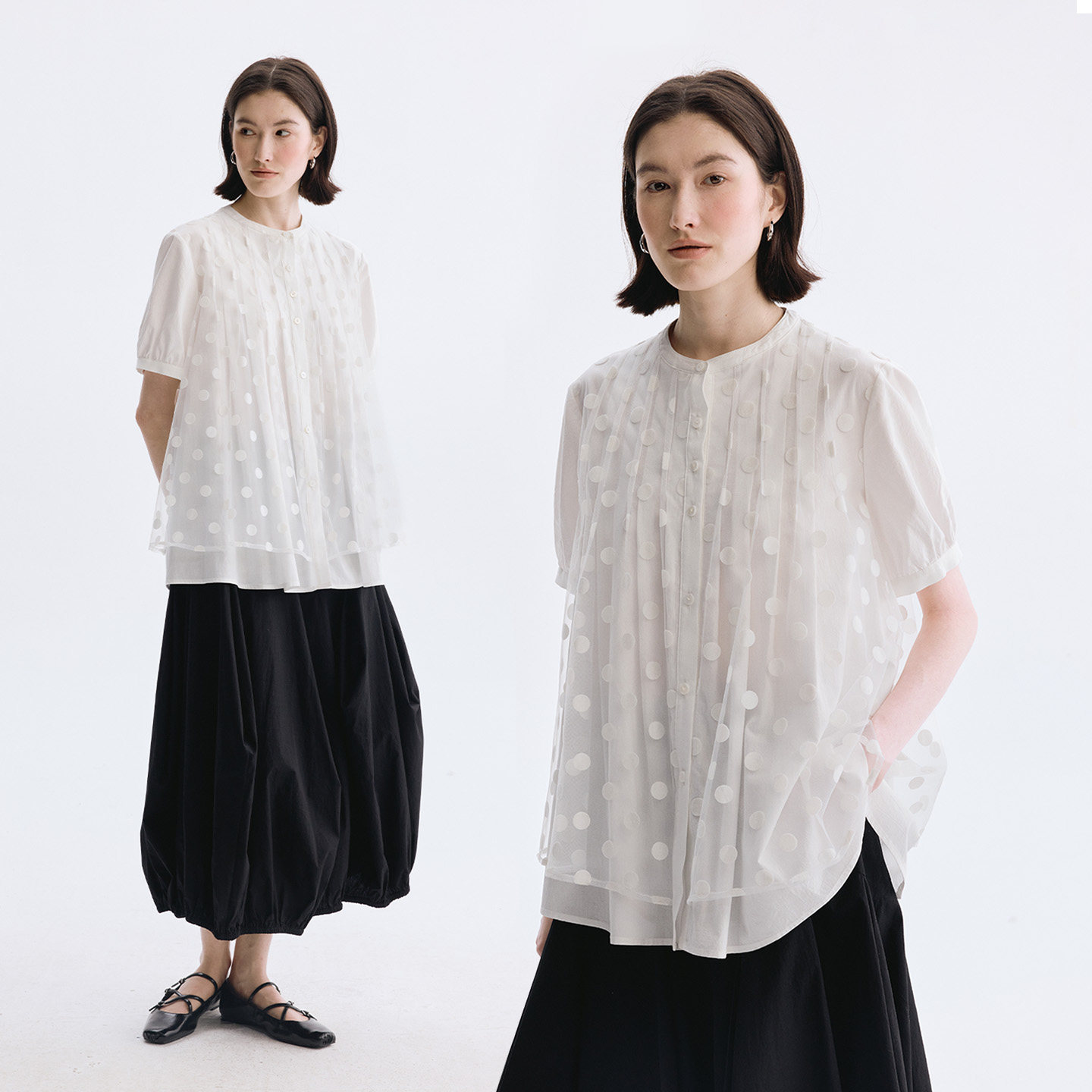 Dotdrobe多着 日系假两件 风琴褶波点网纱A摆短袖衬衫女春夏2026