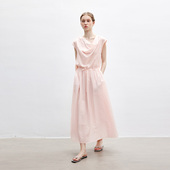 Dotdrobe多着 带衬裙两色入 薄款 天丝混纺 荡领腰部抽褶连衣裙夏季