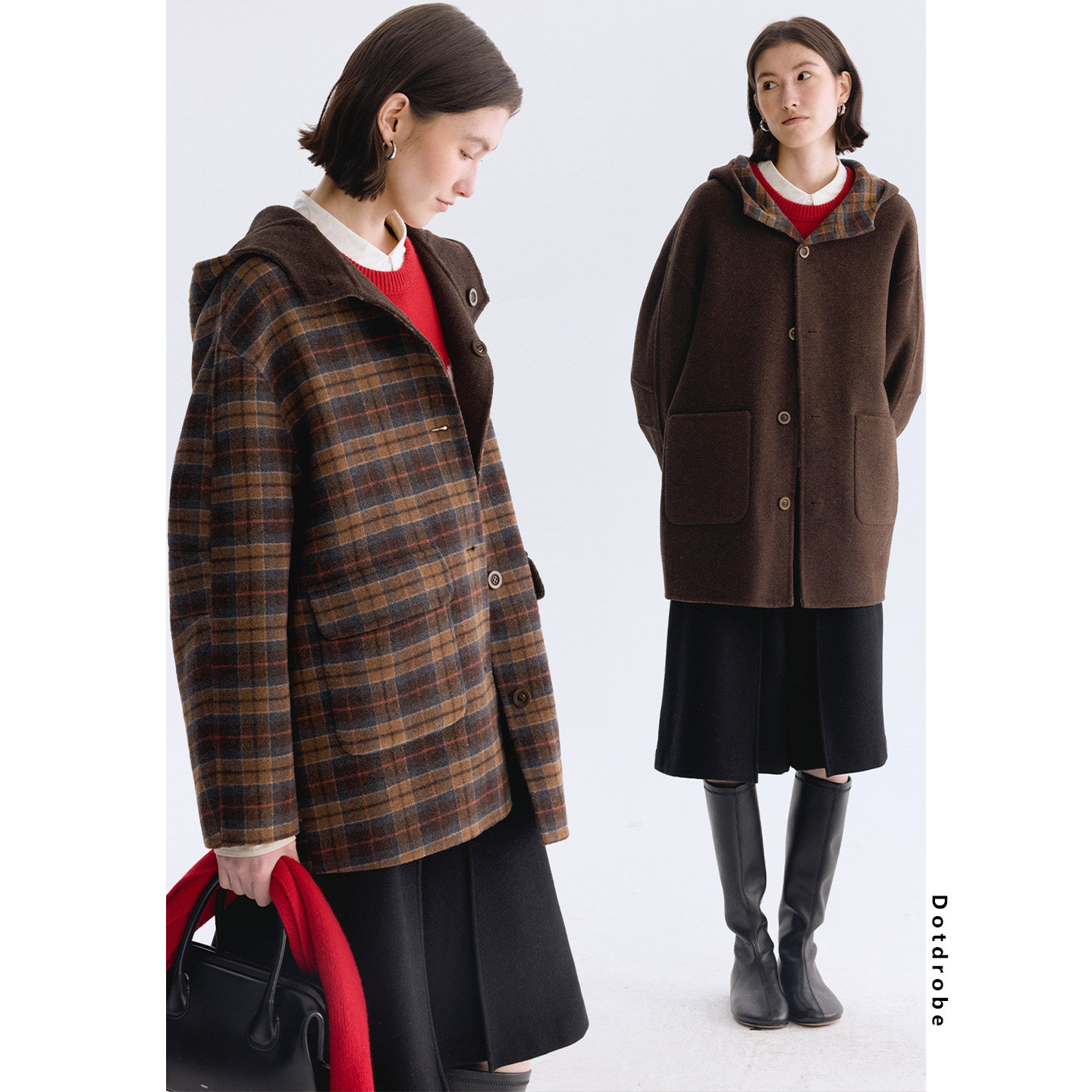 Dotdrobe多着  双面穿 学院风羊毛混纺深咖纹连帽毛呢大衣女早春