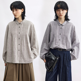 Dotdrobe多着 亚麻棉日系塔克褶小翻领长袖衬衫女秋季宽松-两色入