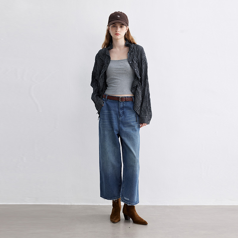 多着弯刀版型显瘦猫须九分牛仔裤