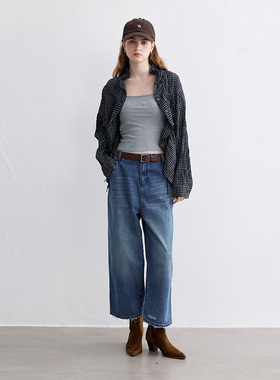 Dotdrobe多着 弯刀版型 显瘦猫须洗水九分阔腿牛仔裤女早秋-蓝色