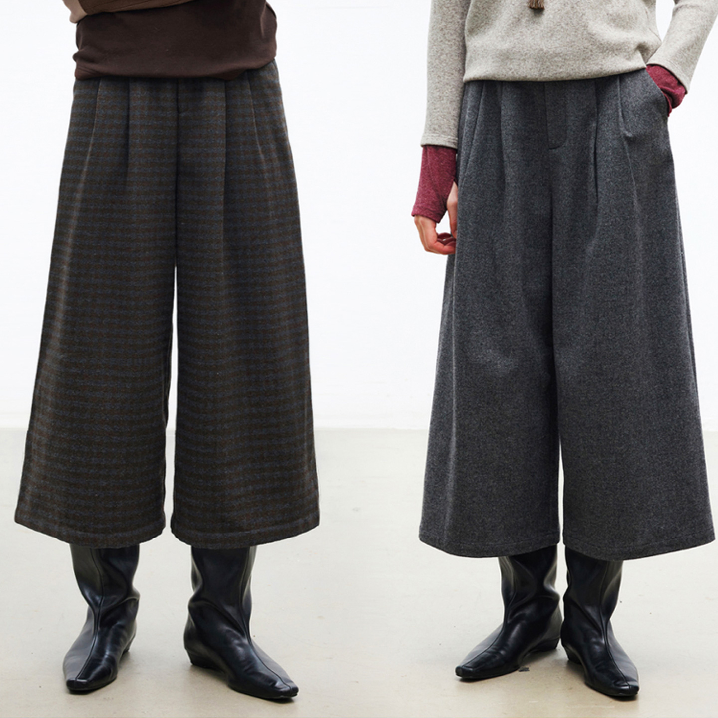 多着羊毛混纺靴裤褶裥阔腿八分裤