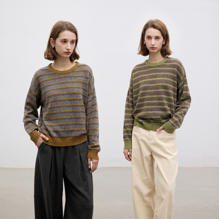 Dotdrobe多着 羊毛混纺圆领花纱条纹套头针织衫女毛衣秋冬-两色入