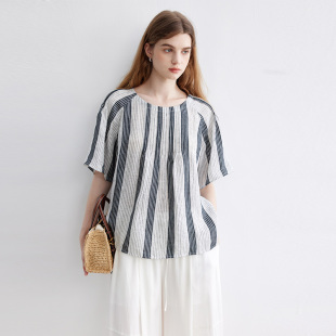 女夏季 Dotdrobe多着 衬衫 水洗圆领塔克褶短袖 两色入 100%亚麻