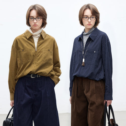 多着翻领拉链长袖灯芯绒衬衫女