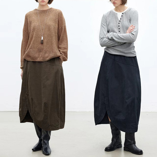 Dotdrobe多着 郁金香侧开叉花苞中长纯棉半身裙秋冬松紧腰-两色入